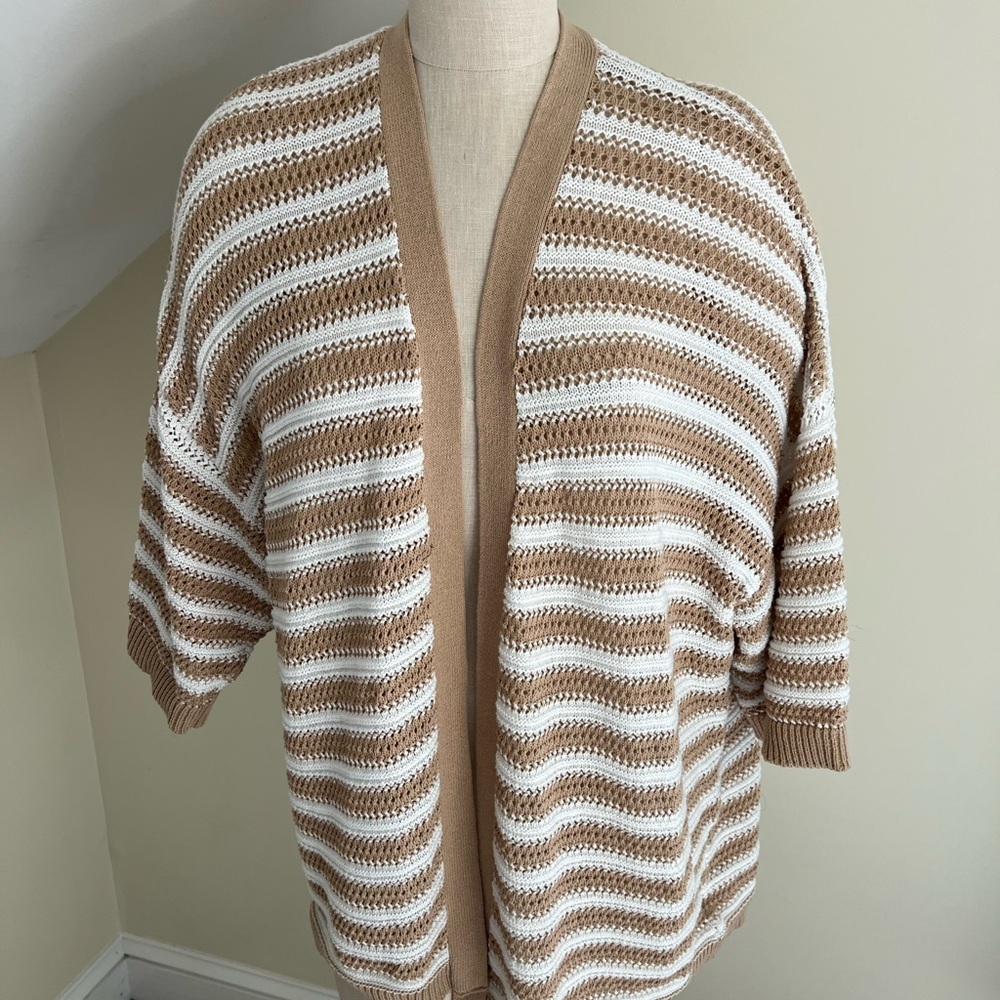 Striped Open Weave Tan and White Cardigan Sweater Short Sleeve Lightweight